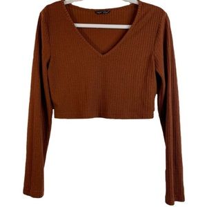 SHEIN Women’s Long Sleeve Ribbed Crop Top V-Neck Burnt Sienna Copper Brown Large